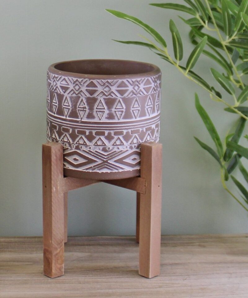 Patterned Concrete Planter With Wooden Stand