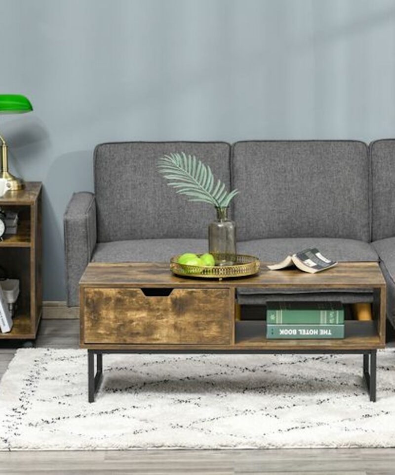 Dark Brown Rustic Coffee Table With Drawer