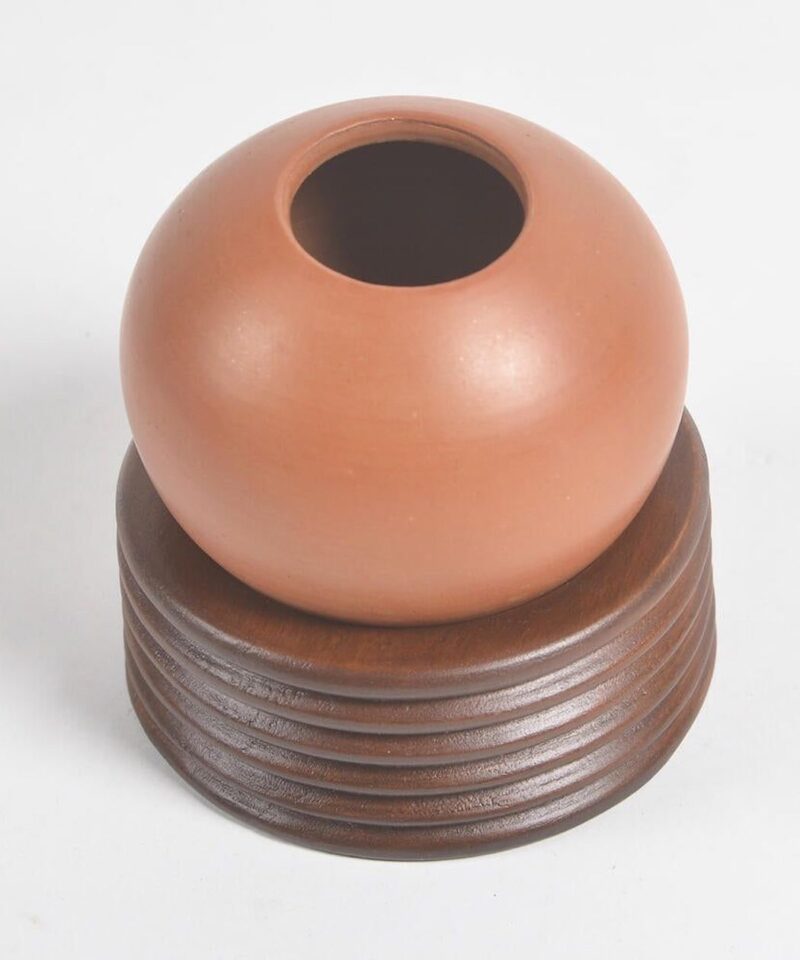 Ribbed Wooden & Terracotta Spherical Planter - Image 3