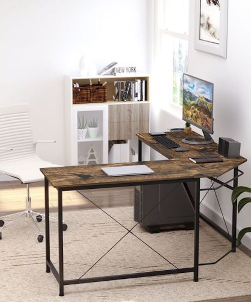 Minimal L-Shape Home Office Desk In Brown