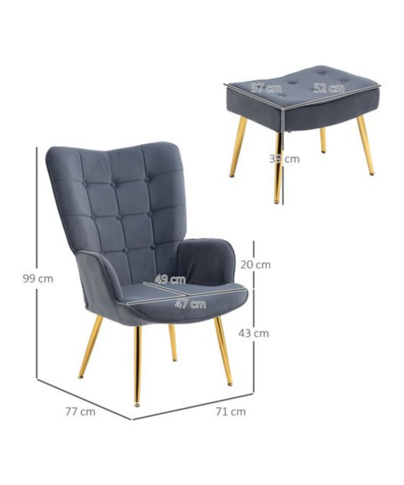 Button Tufted Armchair & Footrest - Gold & Dark Grey - Image 4