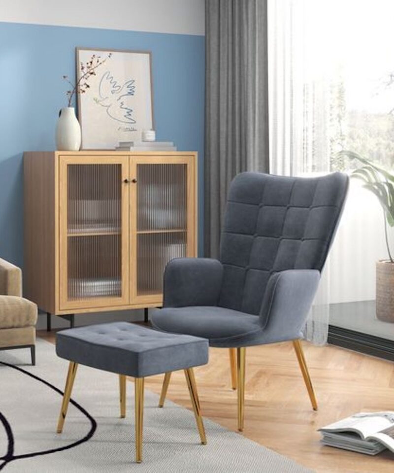 Button Tufted Armchair & Footrest - Gold & Dark Grey