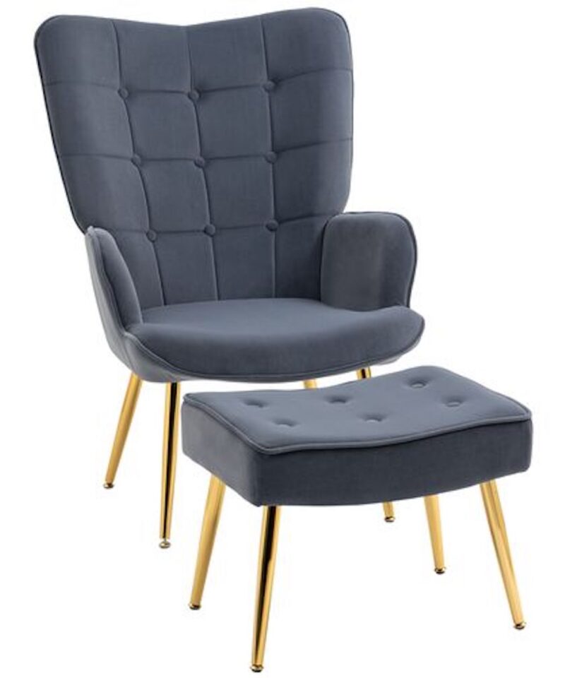 Button Tufted Armchair & Footrest - Gold & Dark Grey - Image 2